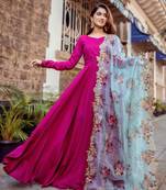 Rani Pink Rayon Designer Gown with Organza Dupatta