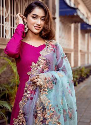 Rani Pink Rayon Designer Gown with Organza Dupatta 4