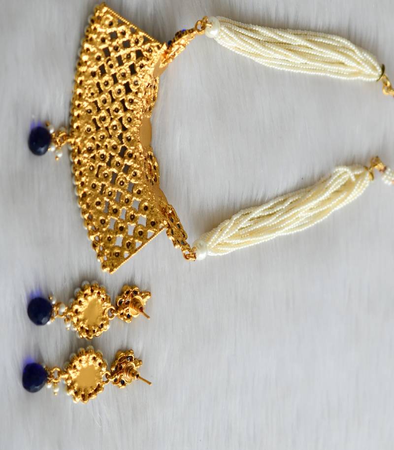 Antique gold tone blue choker pearl necklace set dj-03114