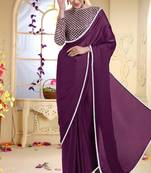Wine plain georgette saree with blouse