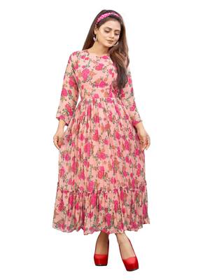 Peach printed georgette long-dresses 2