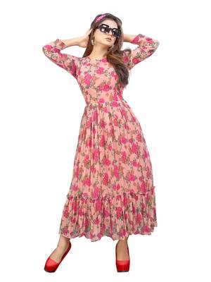 Peach printed georgette long-dresses 3