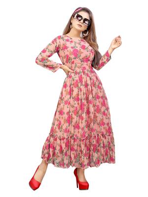Peach printed georgette long-dresses 4
