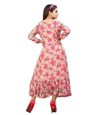 Peach printed georgette long-dresses 5