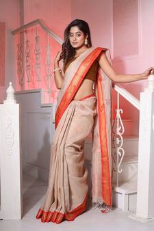 Beige Silk Matka Handwoven Saree With Fish Motifs