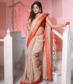 Beige Silk Matka Handwoven Saree With Fish Motifs