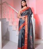 Dark Grey Silk Matka Handwoven Saree With Fish Motifs