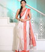 White Silk Matka Handwoven Saree With Fish Motifs