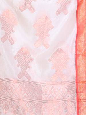 White Silk Matka Handwoven Saree With Fish Motifs 5