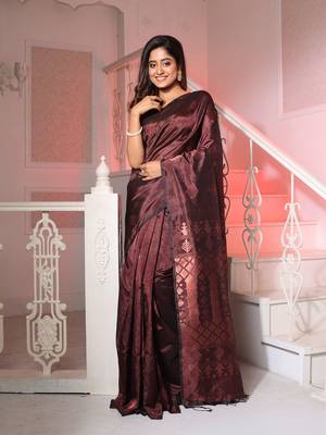Dark Chocolate Silk Matka Handwoven Saree With Texture Designs 1