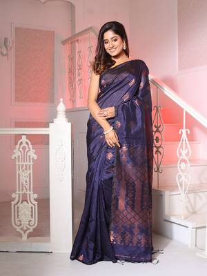 Navy Blue Silk Matka Handwoven Saree With Texture Designs 1