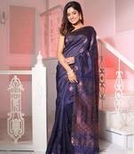 Navy Blue Silk Matka Handwoven Saree With Texture Designs