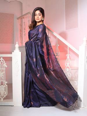 Navy Blue Silk Matka Handwoven Saree With Texture Designs 2