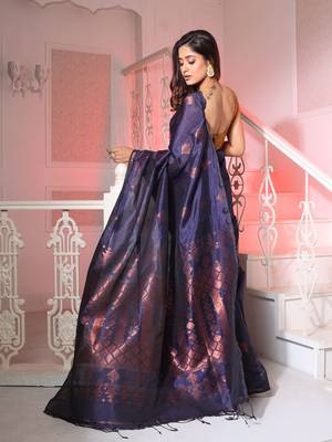 Navy Blue Silk Matka Handwoven Saree With Texture Designs 3