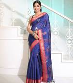 Navy Blue Silk Matka Handwoven Saree With Flower Motifs