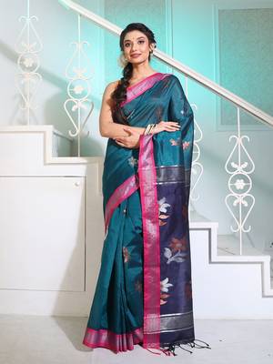 Teal Silk Matka Handwoven Saree With Flower Motifs And Contrast Pallu 1