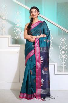 Teal Silk Matka Handwoven Saree With Flower Motifs And Contrast Pallu