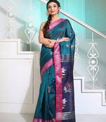 Teal Silk Matka Handwoven Saree With Flower Motifs And Contrast Pallu