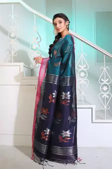 Teal Silk Matka Handwoven Saree With Flower Motifs And Contrast Pallu