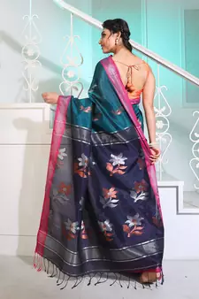 Teal Silk Matka Handwoven Saree With Flower Motifs And Contrast Pallu