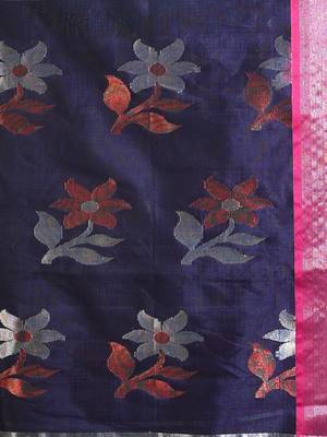 Teal Silk Matka Handwoven Saree With Flower Motifs And Contrast Pallu 5