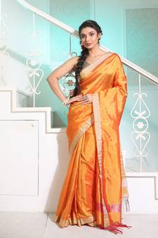 Orange Silk Matka Handwoven Saree With Woven Zari Designs