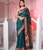 Bottle Green Linen Handwoven Saree With Floral Buttas And Pallu