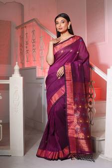 Purple Linen Handwoven Saree With Floral Buttas And Pallu