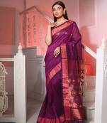 Purple Linen Handwoven Saree With Floral Buttas And Pallu