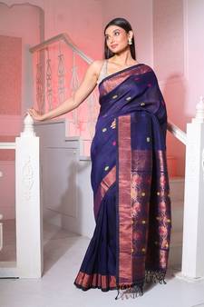 Midnight Blue Linen Handwoven Saree With Floral Buttas And Pallu