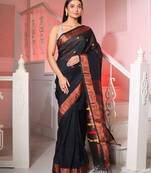 Black Linen Handwoven Saree With Floral Buttas And Pallu