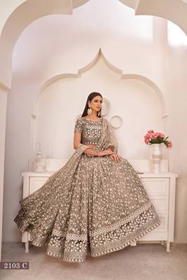 Brown embroidered
 net semi stitched lehenga 2