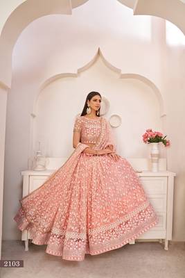 Light-pink embroidered net semi stitched lehenga 1