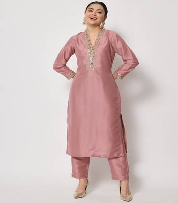 Soft Mauve Thread Embroidered Kurti with Pants 1
