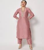Soft Mauve Thread Embroidered Kurti with Pants