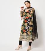 Black Floral Printed Embroidered Kurti with Churidaar and Dupatta