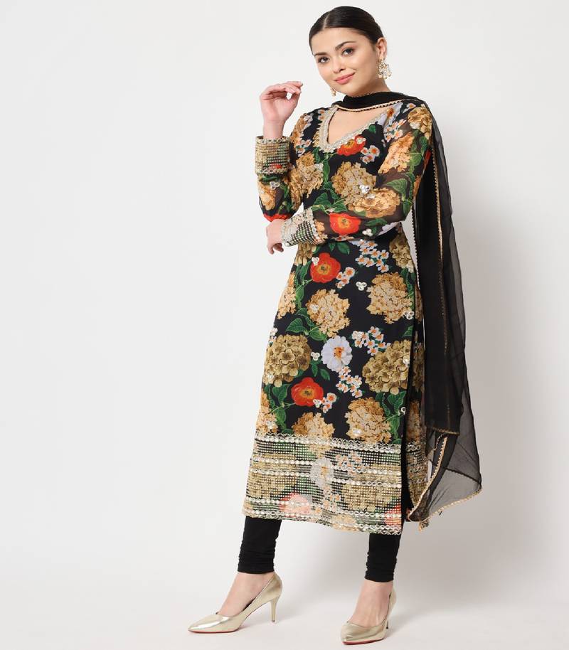 Black Floral Printed Embroidered Kurti with Churidaar and Dupatta