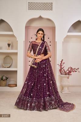 Wine embroidered net semi stitched lehenga 1