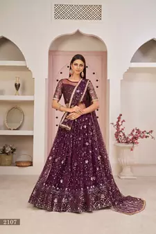 Wine embroidered net semi stitched lehenga