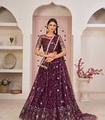 Wine embroidered net semi stitched lehenga
