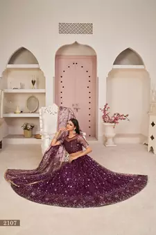 Wine embroidered net semi stitched lehenga