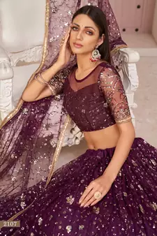 Wine embroidered net semi stitched lehenga