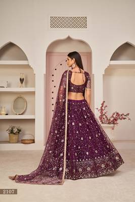 Wine embroidered net semi stitched lehenga 4