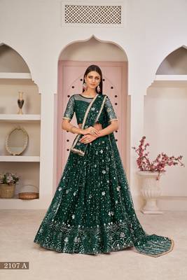 Dark-green embroidered net semi stitched lehenga 1