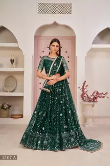 Dark-green embroidered net semi stitched lehenga