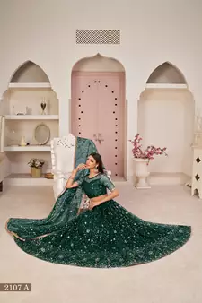 Dark-green embroidered net semi stitched lehenga