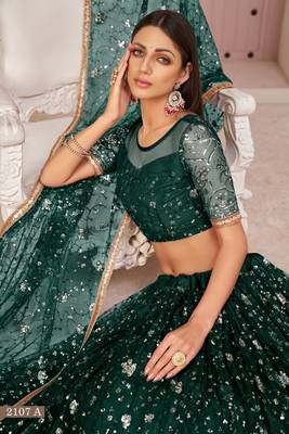 Dark-green embroidered net semi stitched lehenga 3