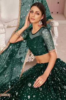 Dark-green embroidered net semi stitched lehenga