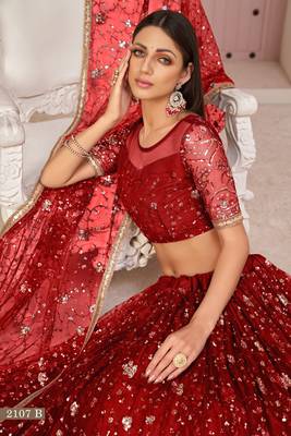 Red embroidered net semi stitched lehenga 3