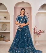 Blue embroidered net semi stitched lehenga